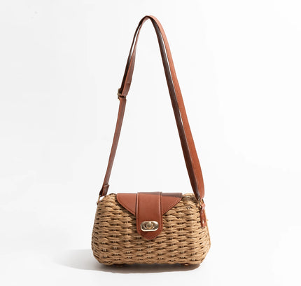 Woven Straw Shoulder Bag with Leather Accents