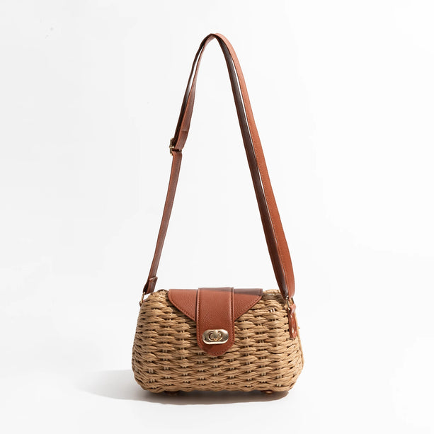 Woven Straw Shoulder Bag with Leather Accents