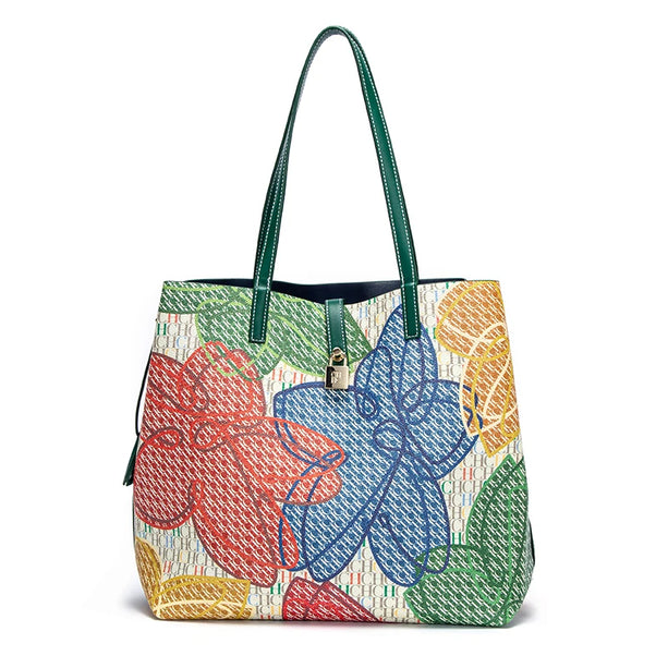 Vibrant Floral Canvas Tote with Lock Detail