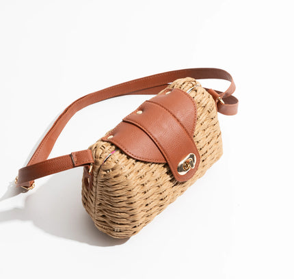 Woven Straw Shoulder Bag with Leather Accents