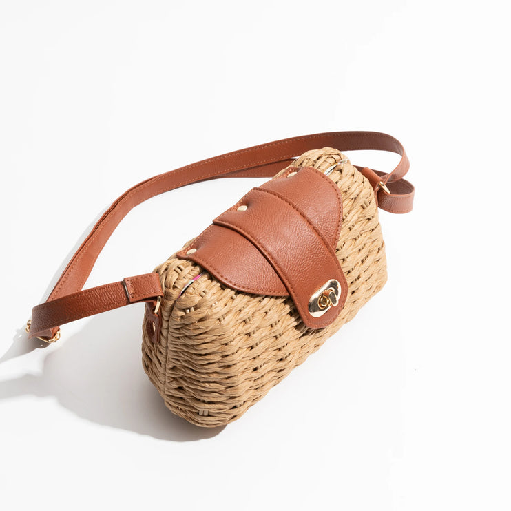 Woven Straw Shoulder Bag with Leather Accents