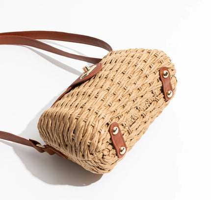 Woven Straw Shoulder Bag with Leather Accents